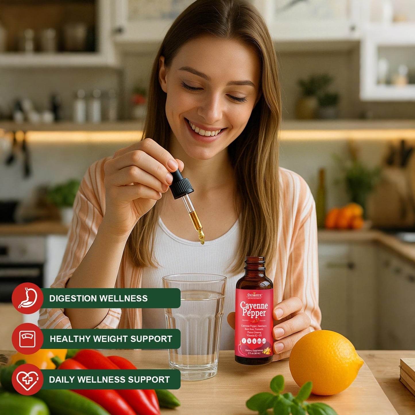 Cayenne Pepper Drops Liquid Supplement Smooth & Sweet Herbal Liquid + Hawthorn Berry, Vitamin D3 K2 Beet Root Powder, Ceylon Cinnamon, Turmeric Curcumin, Organic Panax Ginseng - 2fl oz - dailyvitalstore
