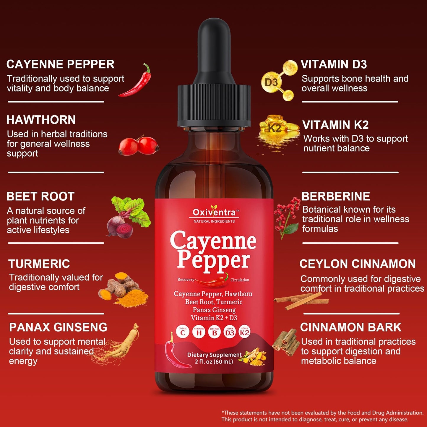Cayenne Pepper Drops Liquid Supplement Smooth & Sweet Herbal Liquid + Hawthorn Berry, Vitamin D3 K2 Beet Root Powder, Ceylon Cinnamon, Turmeric Curcumin, Organic Panax Ginseng - 2fl oz - dailyvitalstore