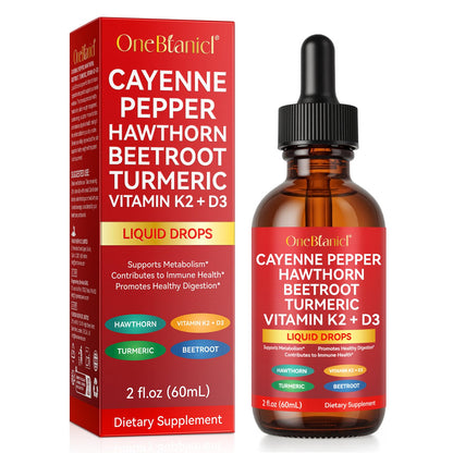 Cayenne Pepper Drops Supplement Liquid, Blend of Hawthorn Berry, Beetroot, Turmeric, VIT K2+D3, Daily Health Boost (2oz) - dailyvitalstore