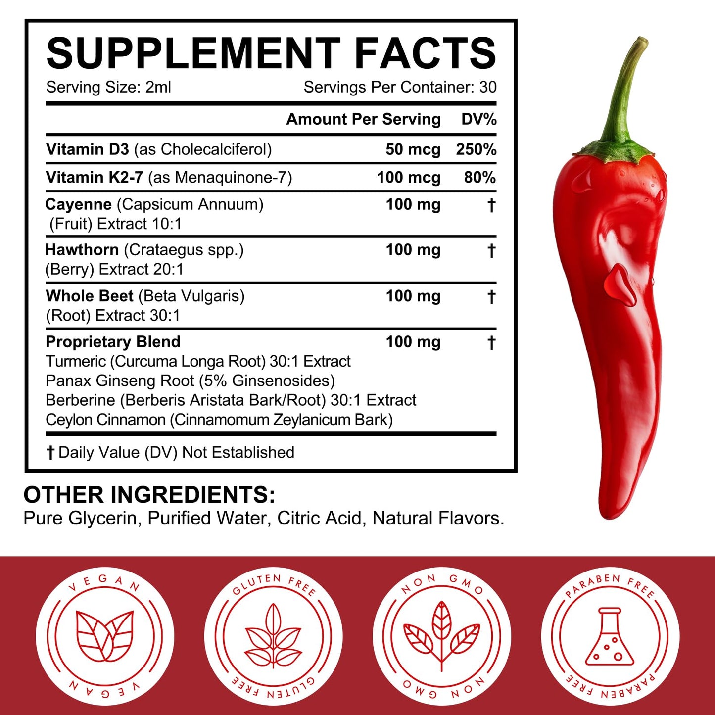 Cayenne Pepper Drops Supplement Liquid, Blend of Hawthorn Berry, Beetroot, Turmeric, VIT K2+D3, Daily Health Boost (2oz) - dailyvitalstore