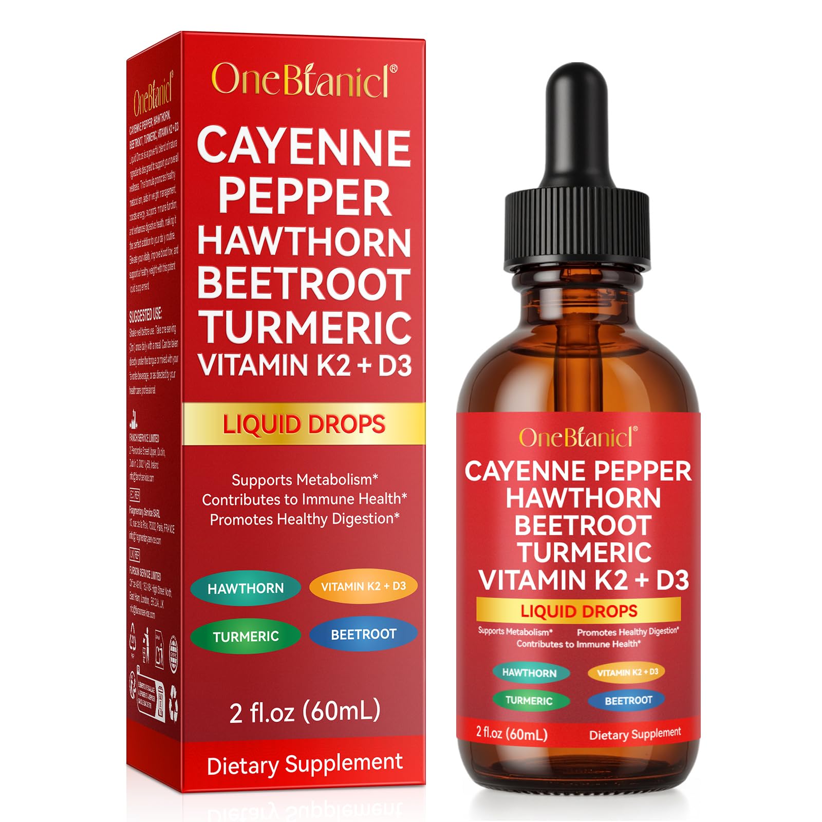 Cayenne Pepper Drops Supplement Liquid, Blend of Hawthorn Berry, Beetroot, Turmeric, VIT K2+D3, Daily Health Boost (2oz) - dailyvitalstore