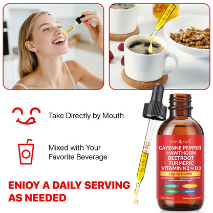 Cayenne Pepper Drops Supplement Liquid, Blend of Hawthorn Berry, Beetroot, Turmeric, VIT K2+D3, Daily Health Boost (2oz) - dailyvitalstore