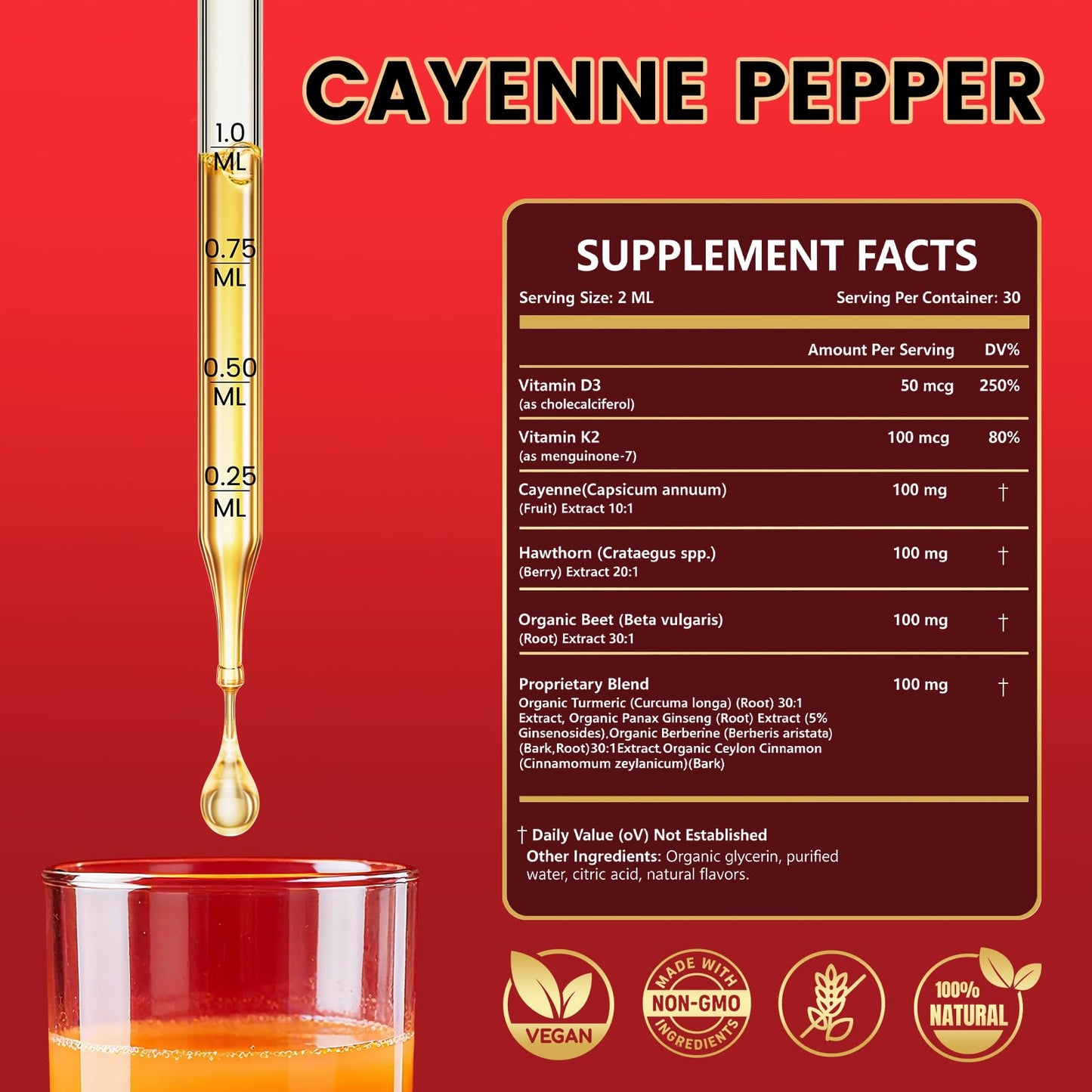 Cayenne Pepper Drops Supplement Liquid with Hawthorn Berry, Vitamin D3 K2, Turmeric Curcumin, Beet Root, Ceylon Cinnamon Vegan- Friendly - 60ml - dailyvitalstore