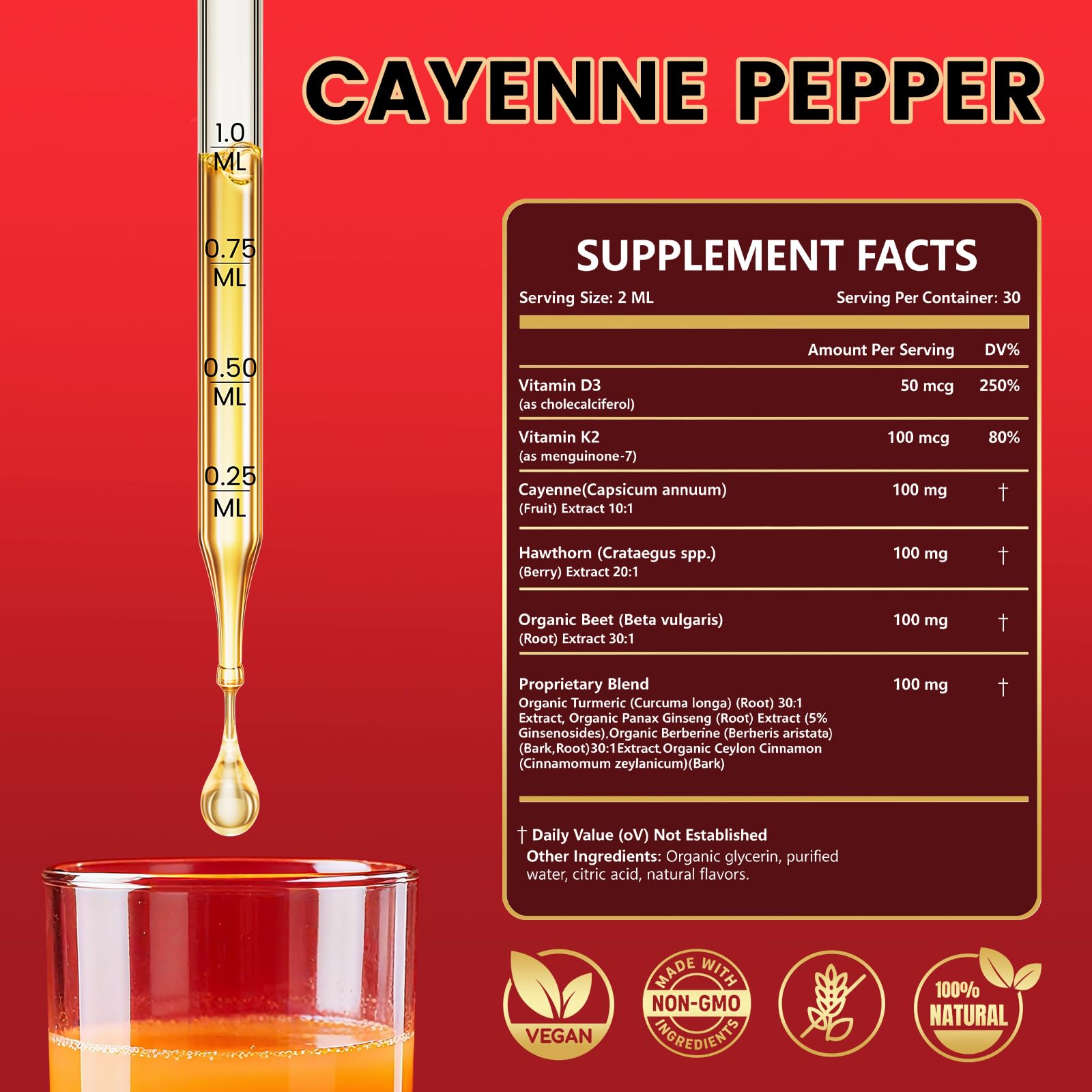 Cayenne Pepper Drops Supplement Liquid with Hawthorn Berry, Vitamin D3 K2, Turmeric Curcumin, Beet Root, Ceylon Cinnamon Vegan- Friendly - 60ml - dailyvitalstore