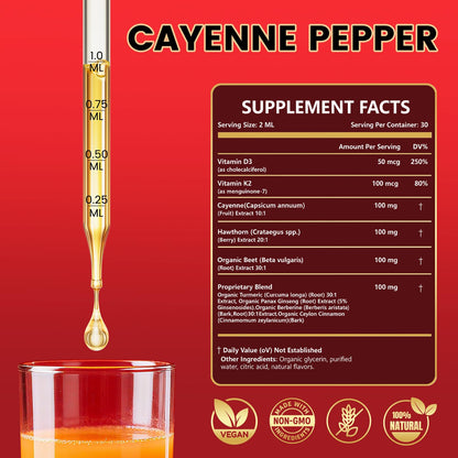 Cayenne Pepper Drops Supplement Liquid with Hawthorn Berry, Vitamin D3 K2, Turmeric Curcumin, Beet Root, Ceylon Cinnamon Vegan- Friendly - 60ml - dailyvitalstore