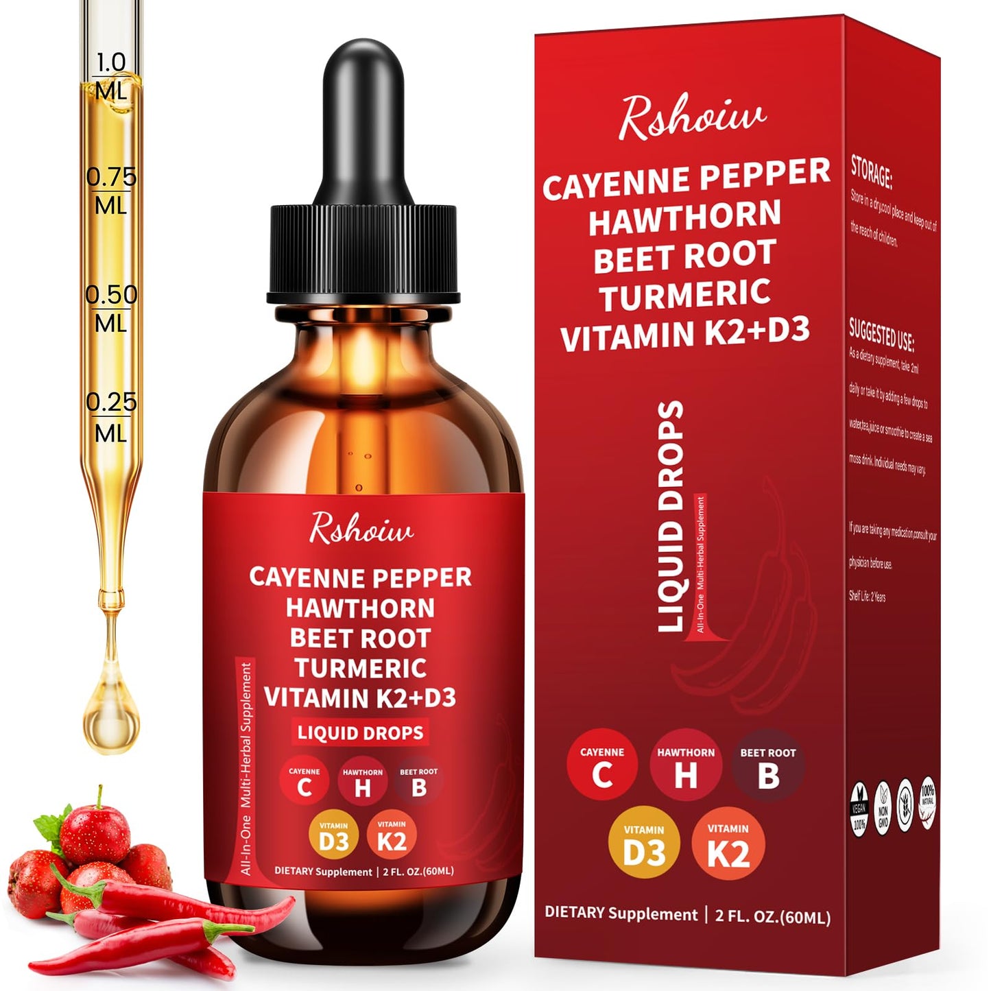 Cayenne Pepper Drops Supplement Liquid with Hawthorn Berry, Vitamin D3 K2, Turmeric Curcumin, Beet Root, Ceylon Cinnamon Vegan- Friendly - 60ml - dailyvitalstore