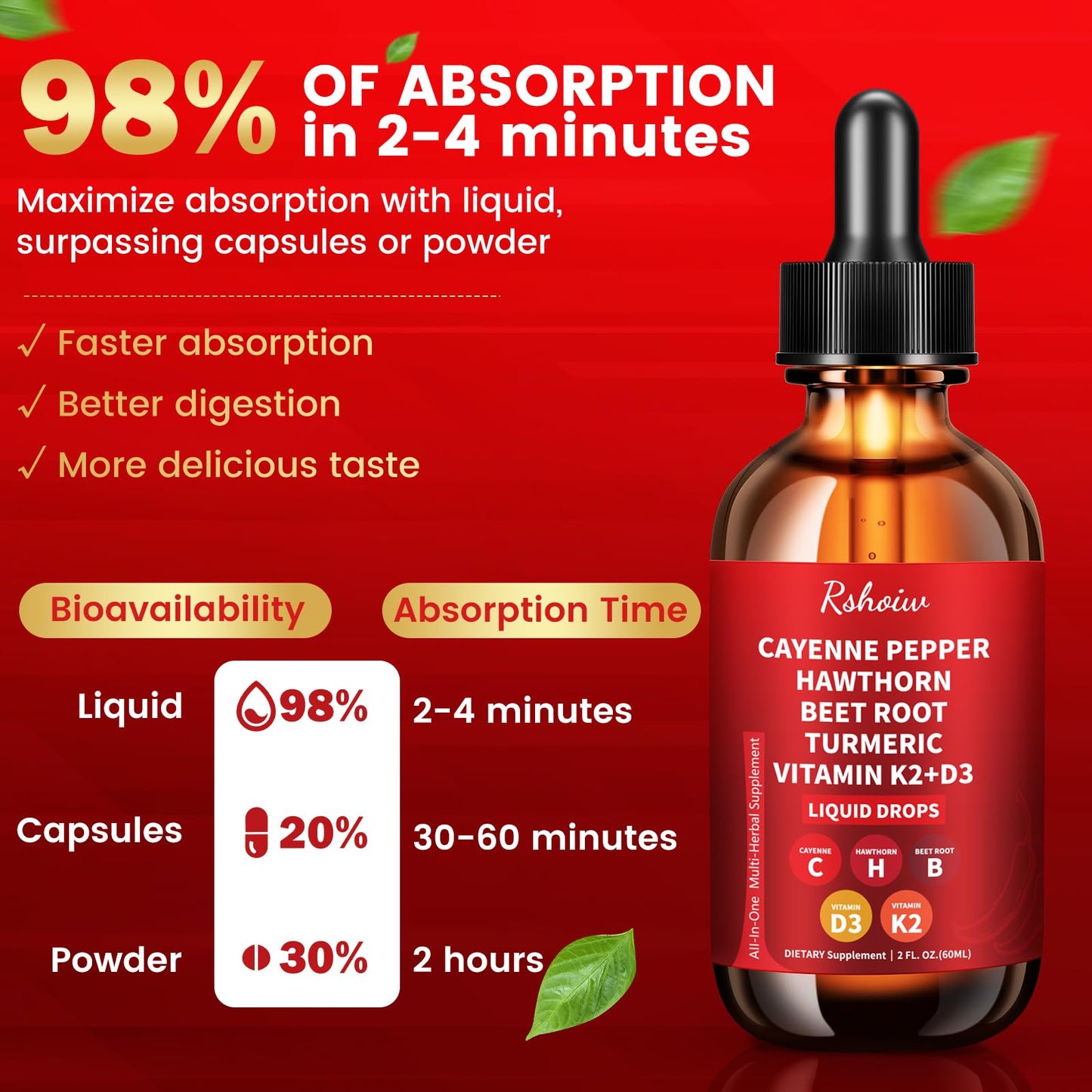 Cayenne Pepper Drops Supplement Liquid with Hawthorn Berry, Vitamin D3 K2, Turmeric Curcumin, Beet Root, Ceylon Cinnamon Vegan- Friendly - 60ml - dailyvitalstore