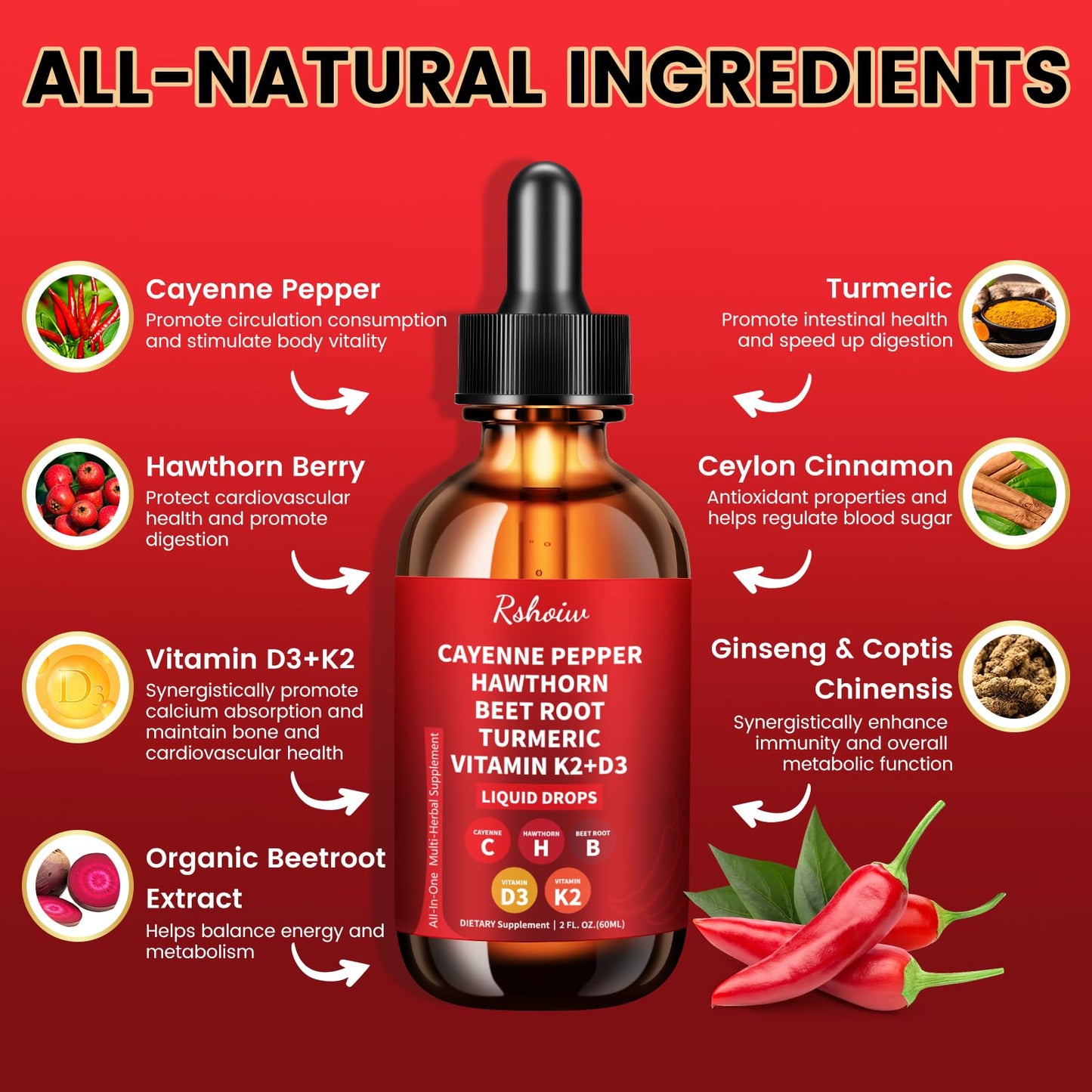 Cayenne Pepper Drops Supplement Liquid with Hawthorn Berry, Vitamin D3 K2, Turmeric Curcumin, Beet Root, Ceylon Cinnamon Vegan- Friendly - 60ml - dailyvitalstore