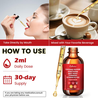 Cayenne Pepper Drops Supplement Liquid with Hawthorn Berry, Vitamin D3 K2, Turmeric Curcumin, Beet Root, Ceylon Cinnamon Vegan- Friendly - 60ml - dailyvitalstore