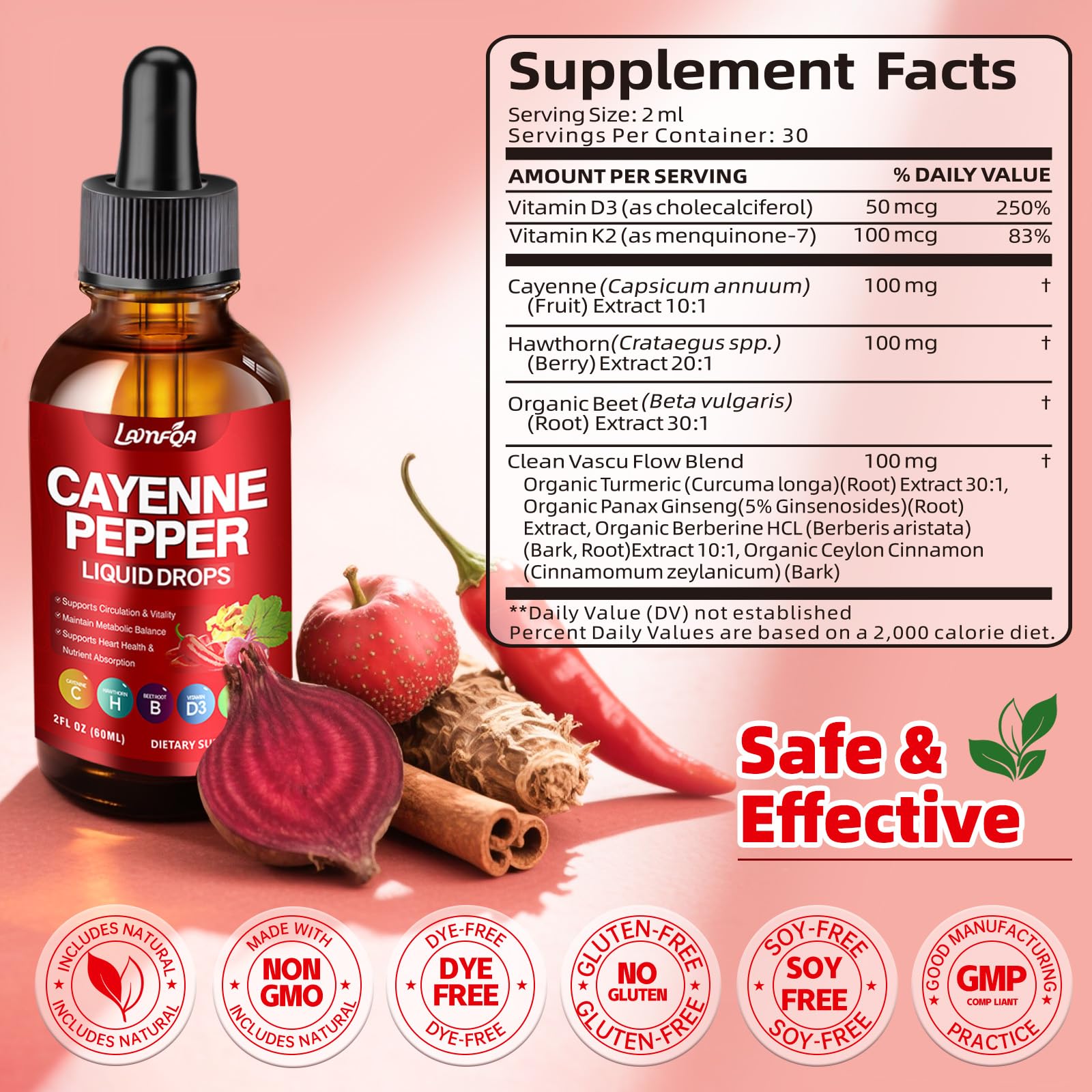 Cayenne Pepper Liquid Drops - Potent Blend with Hawthorn Berry, Turmeric Curcumin, Vitamin D3 K2, Beet Root & Panax Ginseng - Vegan, Non-GMO, High Absorbed Gentle Formula - 2 OZ - dailyvitalstore