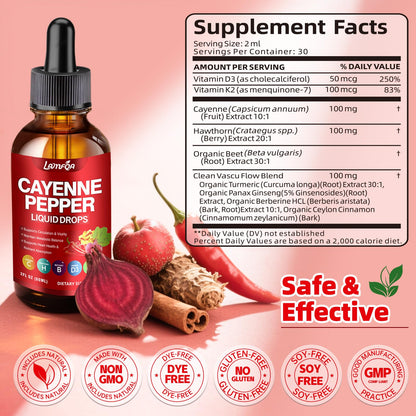 Cayenne Pepper Liquid Drops - Potent Blend with Hawthorn Berry, Turmeric Curcumin, Vitamin D3 K2, Beet Root & Panax Ginseng - Vegan, Non-GMO, High Absorbed Gentle Formula - 2 OZ - dailyvitalstore