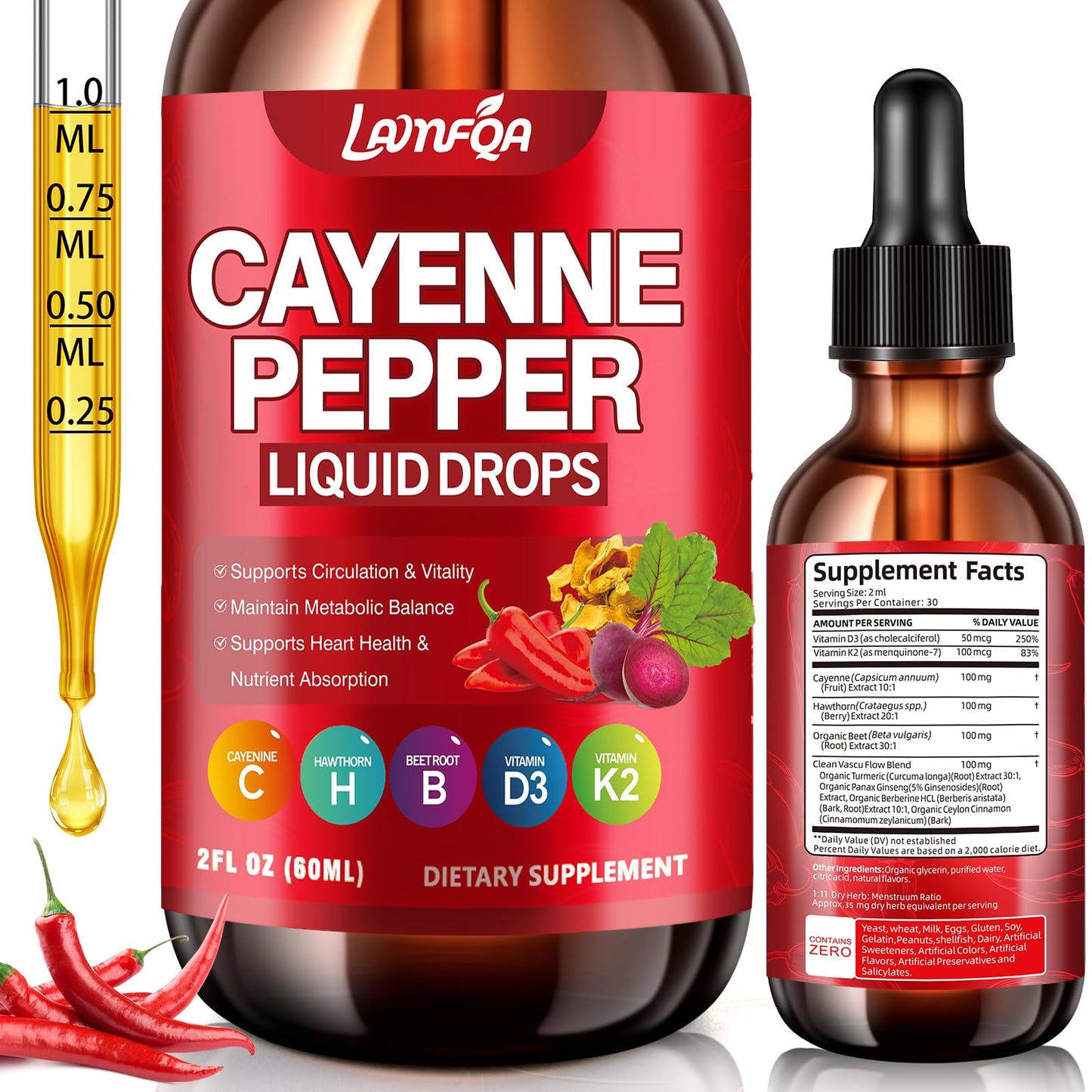 Cayenne Pepper Liquid Drops - Potent Blend with Hawthorn Berry, Turmeric Curcumin, Vitamin D3 K2, Beet Root & Panax Ginseng - Vegan, Non-GMO, High Absorbed Gentle Formula - 2 OZ - dailyvitalstore