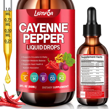 Cayenne Pepper Liquid Drops - Potent Blend with Hawthorn Berry, Turmeric Curcumin, Vitamin D3 K2, Beet Root & Panax Ginseng - Vegan, Non-GMO, High Absorbed Gentle Formula - 2 OZ - dailyvitalstore