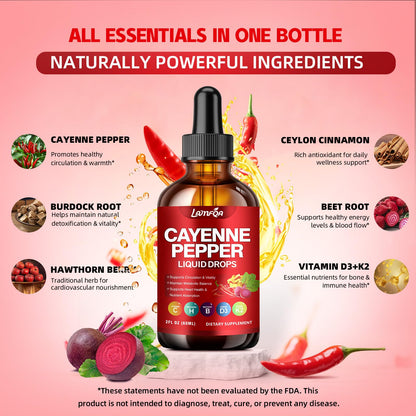 Cayenne Pepper Liquid Drops - Potent Blend with Hawthorn Berry, Turmeric Curcumin, Vitamin D3 K2, Beet Root & Panax Ginseng - Vegan, Non-GMO, High Absorbed Gentle Formula - 2 OZ - dailyvitalstore