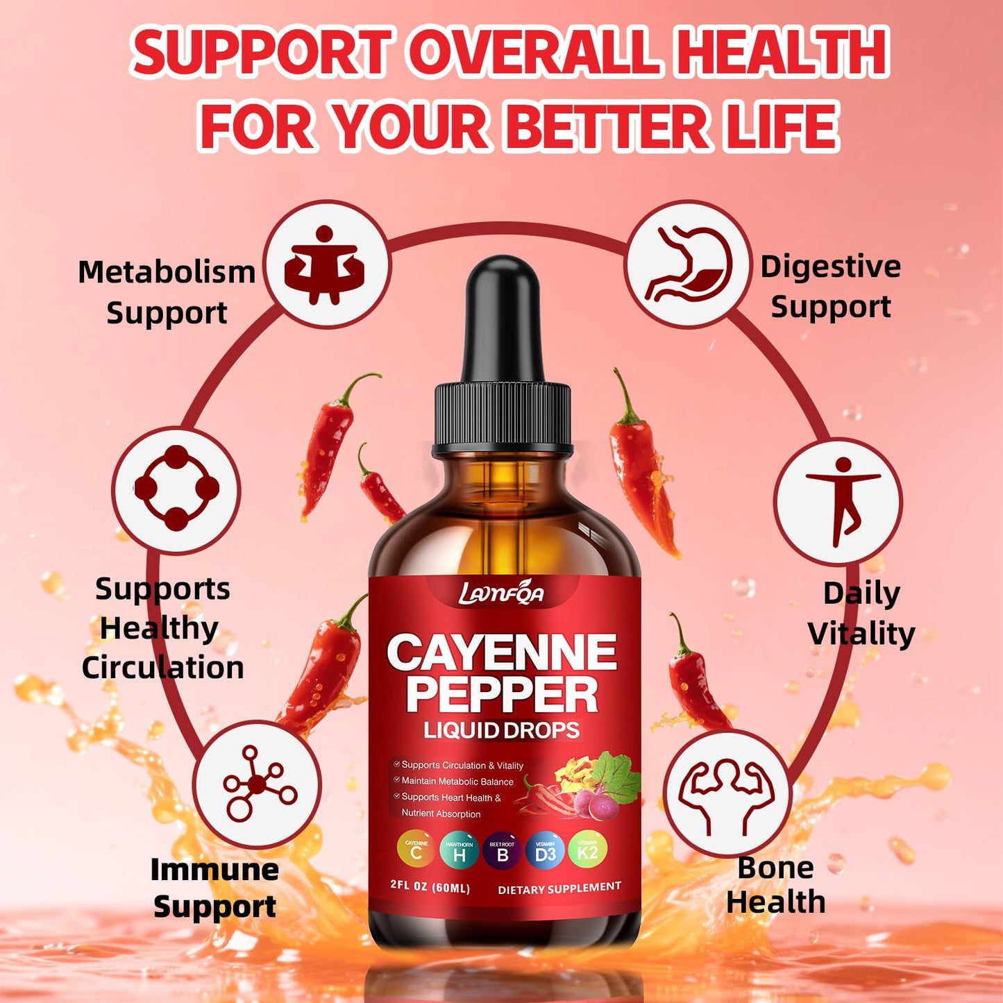 Cayenne Pepper Liquid Drops - Potent Blend with Hawthorn Berry, Turmeric Curcumin, Vitamin D3 K2, Beet Root & Panax Ginseng - Vegan, Non-GMO, High Absorbed Gentle Formula - 2 OZ - dailyvitalstore