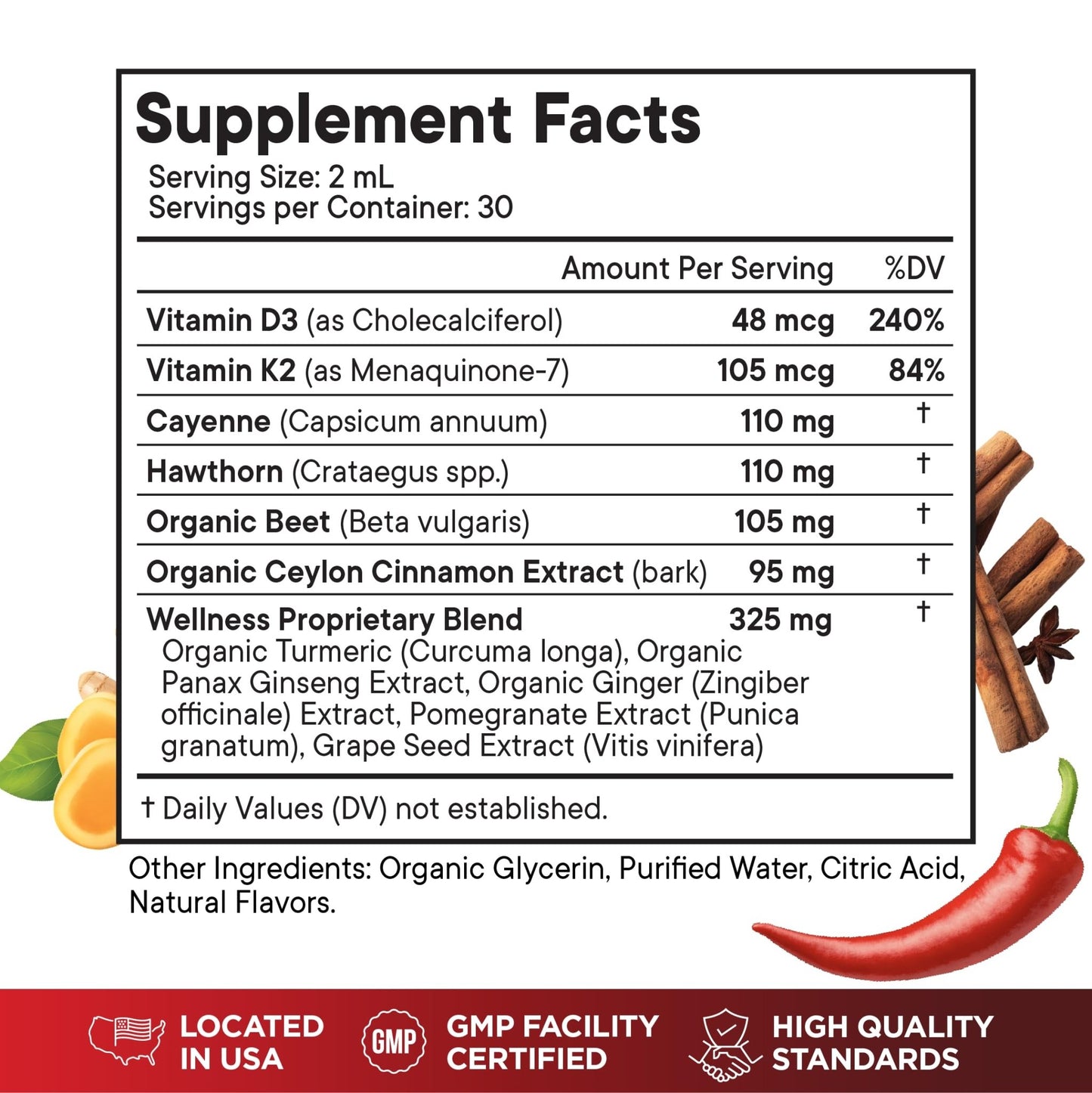 Cayenne Pepper Supplement Liquid Drops + Hawthorn Berry, Vitamin D3 K2 Beet Root Powder, Ceylon Cinnamon, Turmeric Curcumin, Organic Panax Ginseng - 4 OZ - dailyvitalstore