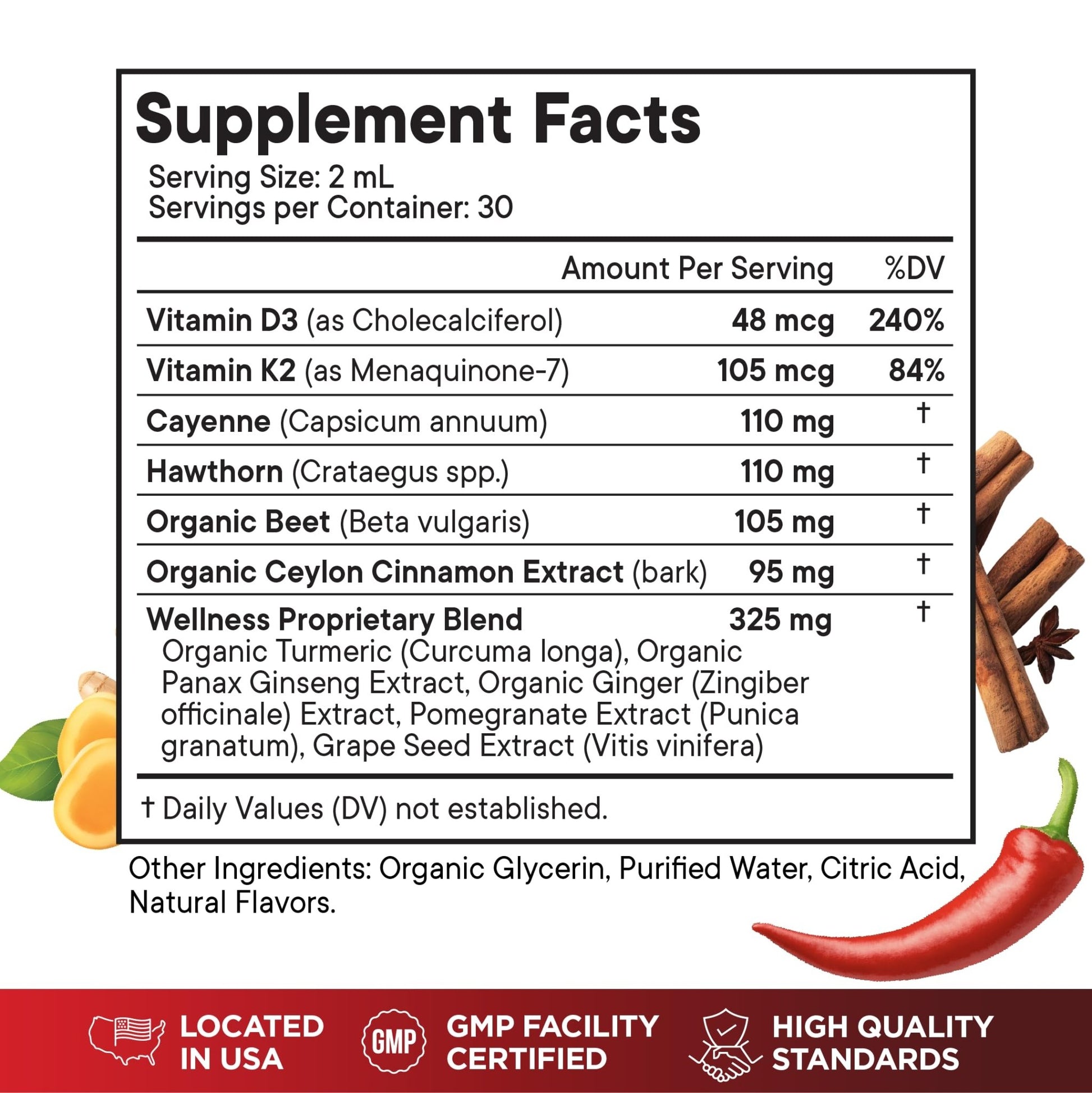 Cayenne Pepper Supplement Liquid Drops + Hawthorn Berry, Vitamin D3 K2 Beet Root Powder, Ceylon Cinnamon, Turmeric Curcumin, Organic Panax Ginseng - 4 OZ - dailyvitalstore
