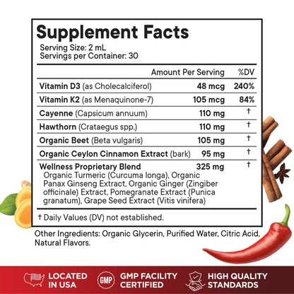 Cayenne Pepper Supplement Liquid Drops + Hawthorn Berry, Vitamin D3 K2 Beet Root Powder, Ceylon Cinnamon, Turmeric Curcumin, Organic Panax Ginseng - 4 OZ - dailyvitalstore