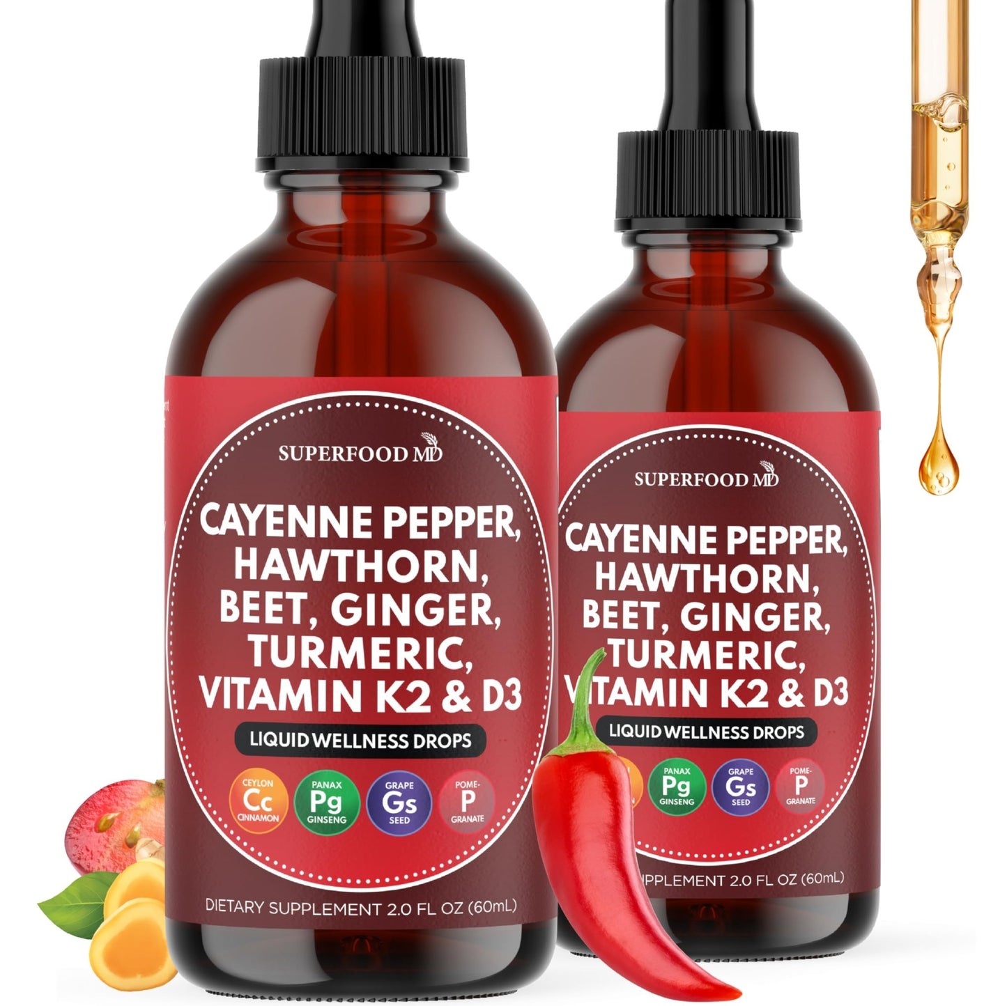 Cayenne Pepper Supplement Liquid Drops + Hawthorn Berry, Vitamin D3 K2 Beet Root Powder, Ceylon Cinnamon, Turmeric Curcumin, Organic Panax Ginseng - 4 OZ - dailyvitalstore