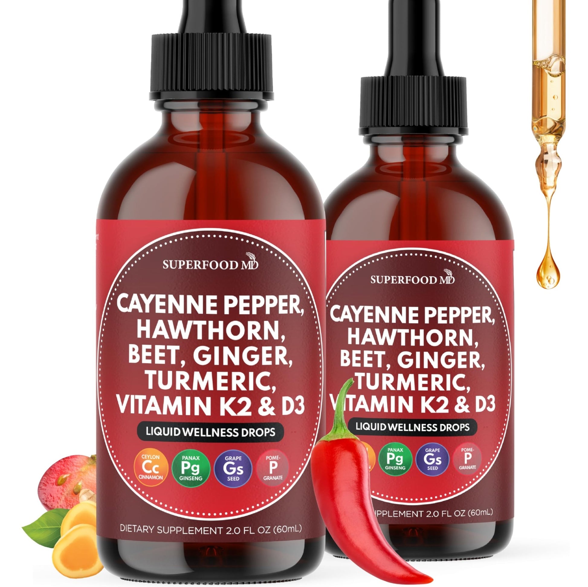 Cayenne Pepper Supplement Liquid Drops + Hawthorn Berry, Vitamin D3 K2 Beet Root Powder, Ceylon Cinnamon, Turmeric Curcumin, Organic Panax Ginseng - 4 OZ - dailyvitalstore