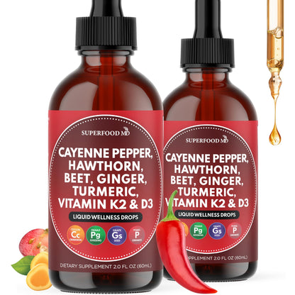 Cayenne Pepper Supplement Liquid Drops + Hawthorn Berry, Vitamin D3 K2 Beet Root Powder, Ceylon Cinnamon, Turmeric Curcumin, Organic Panax Ginseng - 4 OZ - dailyvitalstore