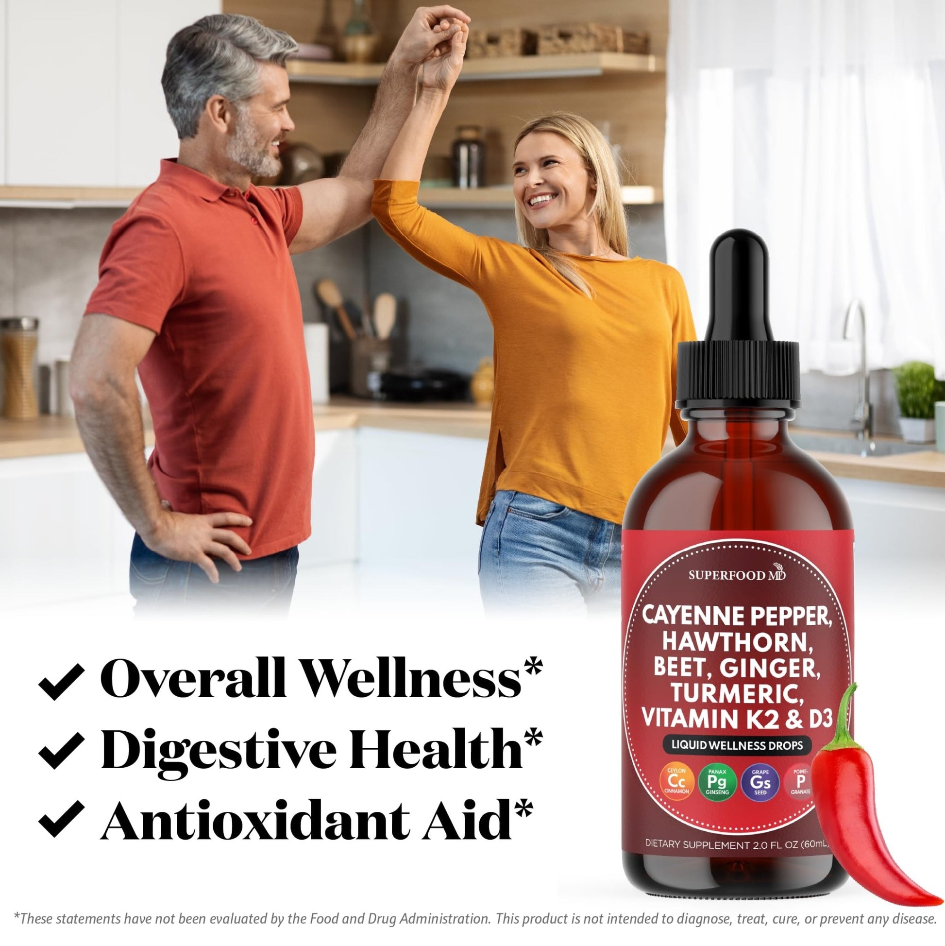 Cayenne Pepper Supplement Liquid Drops + Hawthorn Berry, Vitamin D3 K2 Beet Root Powder, Ceylon Cinnamon, Turmeric Curcumin, Organic Panax Ginseng - 4 OZ - dailyvitalstore