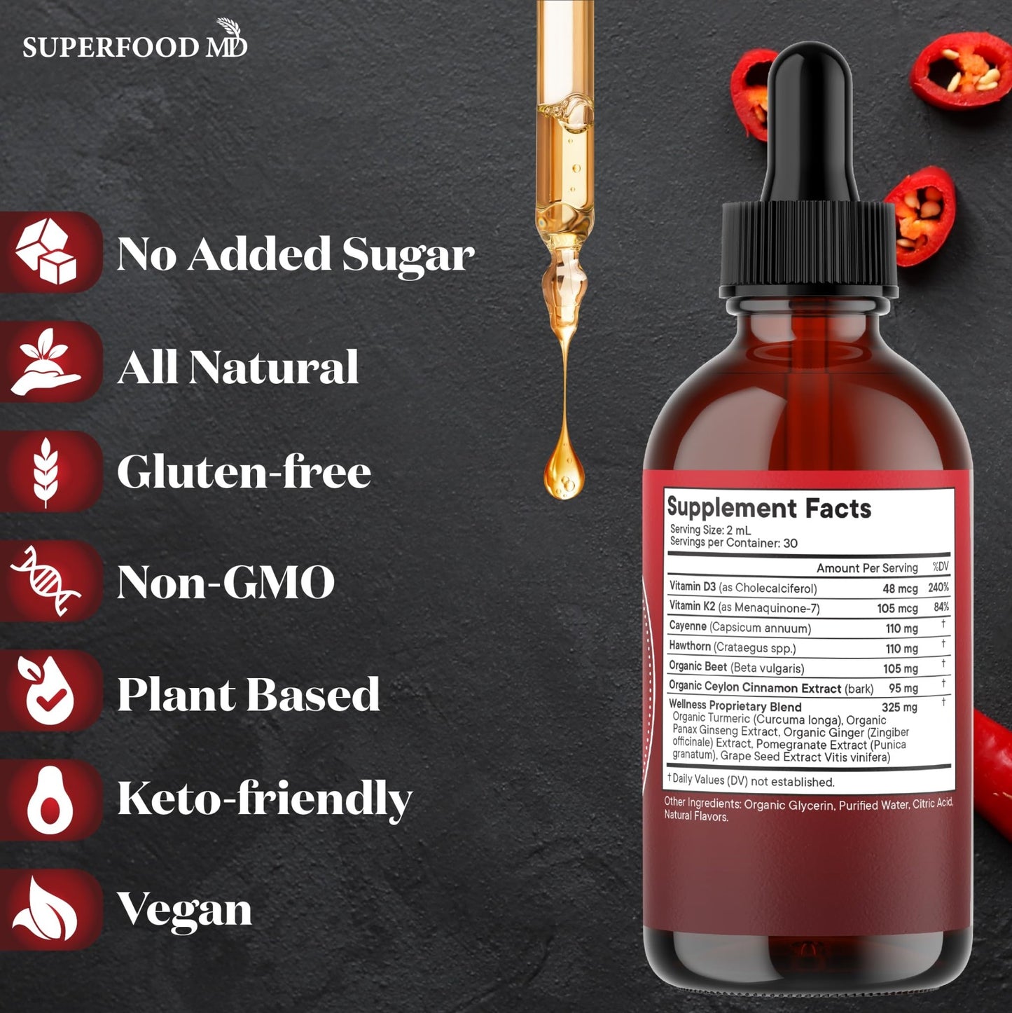 Cayenne Pepper Supplement Liquid Drops + Hawthorn Berry, Vitamin D3 K2 Beet Root Powder, Ceylon Cinnamon, Turmeric Curcumin, Organic Panax Ginseng - 4 OZ - dailyvitalstore