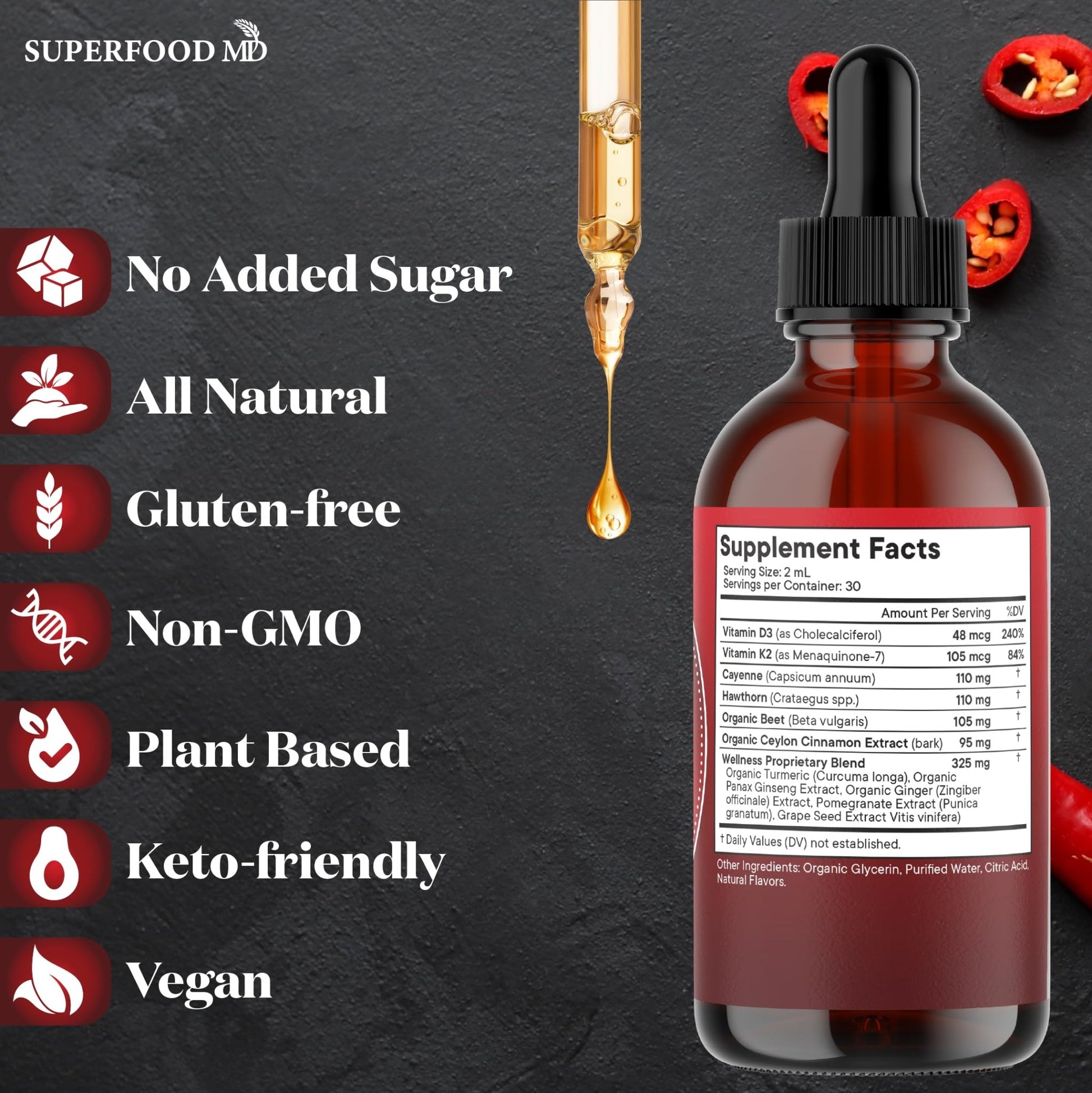 Cayenne Pepper Supplement Liquid Drops + Hawthorn Berry, Vitamin D3 K2 Beet Root Powder, Ceylon Cinnamon, Turmeric Curcumin, Organic Panax Ginseng - 4 OZ - dailyvitalstore