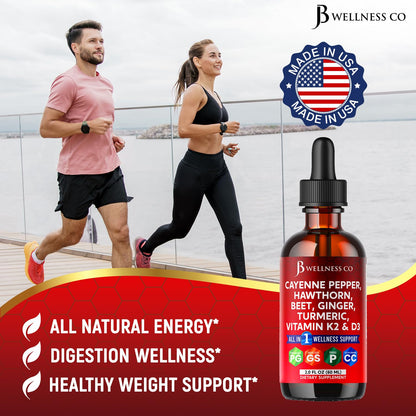 Cayenne Pepper Supplement Liquid Drops + Hawthorn Berry, Vitamin D3 K2 Beet Root Powder, Ceylon Cinnamon, Turmeric Curcumin, Organic Panax Ginseng - 4oz - dailyvitalstore