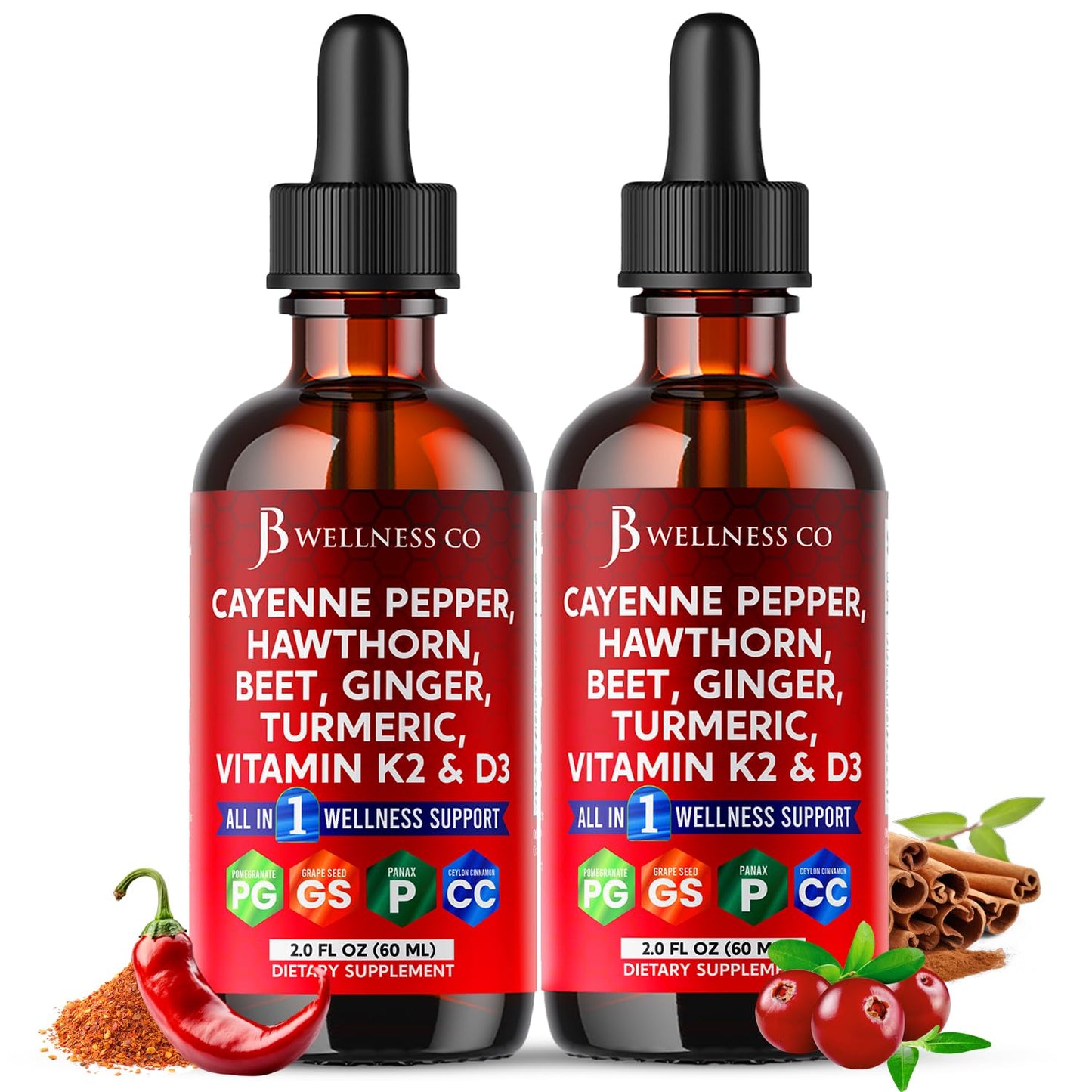 Cayenne Pepper Supplement Liquid Drops + Hawthorn Berry, Vitamin D3 K2 Beet Root Powder, Ceylon Cinnamon, Turmeric Curcumin, Organic Panax Ginseng - 4oz - dailyvitalstore