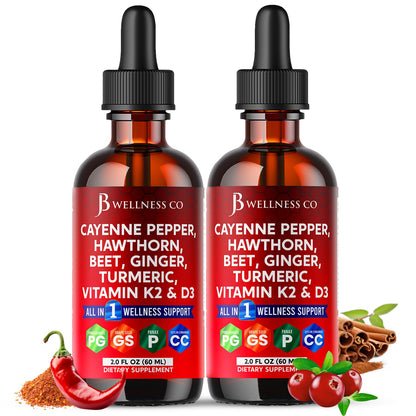 Cayenne Pepper Supplement Liquid Drops + Hawthorn Berry, Vitamin D3 K2 Beet Root Powder, Ceylon Cinnamon, Turmeric Curcumin, Organic Panax Ginseng - 4oz - dailyvitalstore