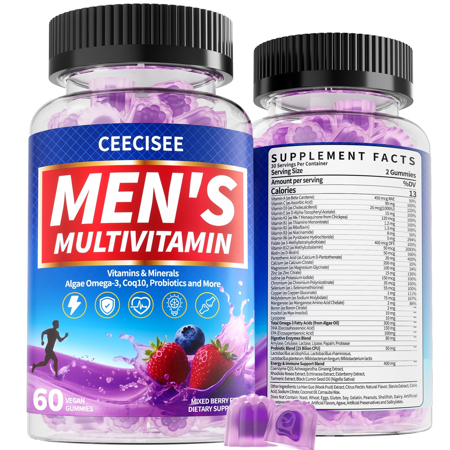 Ceecisee Men’s Methylated Multivitamin Gummies: Chewable Multivitamins Mens Gummy with Omega Probiotic Magnesium Zinc Vitamins B12 D3 - No Iron Daily Supplement Support Energy Immune for Men(120Count) - dailyvitalstore
