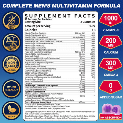 Ceecisee Men’s Methylated Multivitamin Gummies: Chewable Multivitamins Mens Gummy with Omega Probiotic Magnesium Zinc Vitamins B12 D3 - No Iron Daily Supplement Support Energy Immune for Men(120Count) - dailyvitalstore