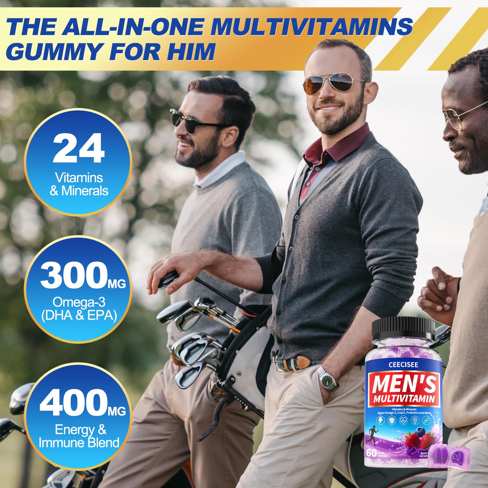 Ceecisee Men’s Methylated Multivitamin Gummies: Chewable Multivitamins Mens Gummy with Omega Probiotic Magnesium Zinc Vitamins B12 D3 - No Iron Daily Supplement Support Energy Immune for Men(120Count) - dailyvitalstore