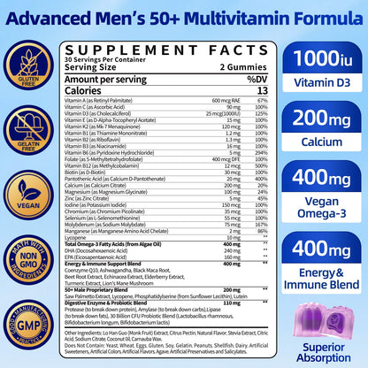 Ceecisee Methylated Multivitamin for Men Over 50: Daily Mens Multivitamins Gummies with Omega Probiotic Magnesium Zinc Vitamins D3 B12 - Energy Immune Support No Iron Vitamins Gummy for Men(60Count) - dailyvitalstore