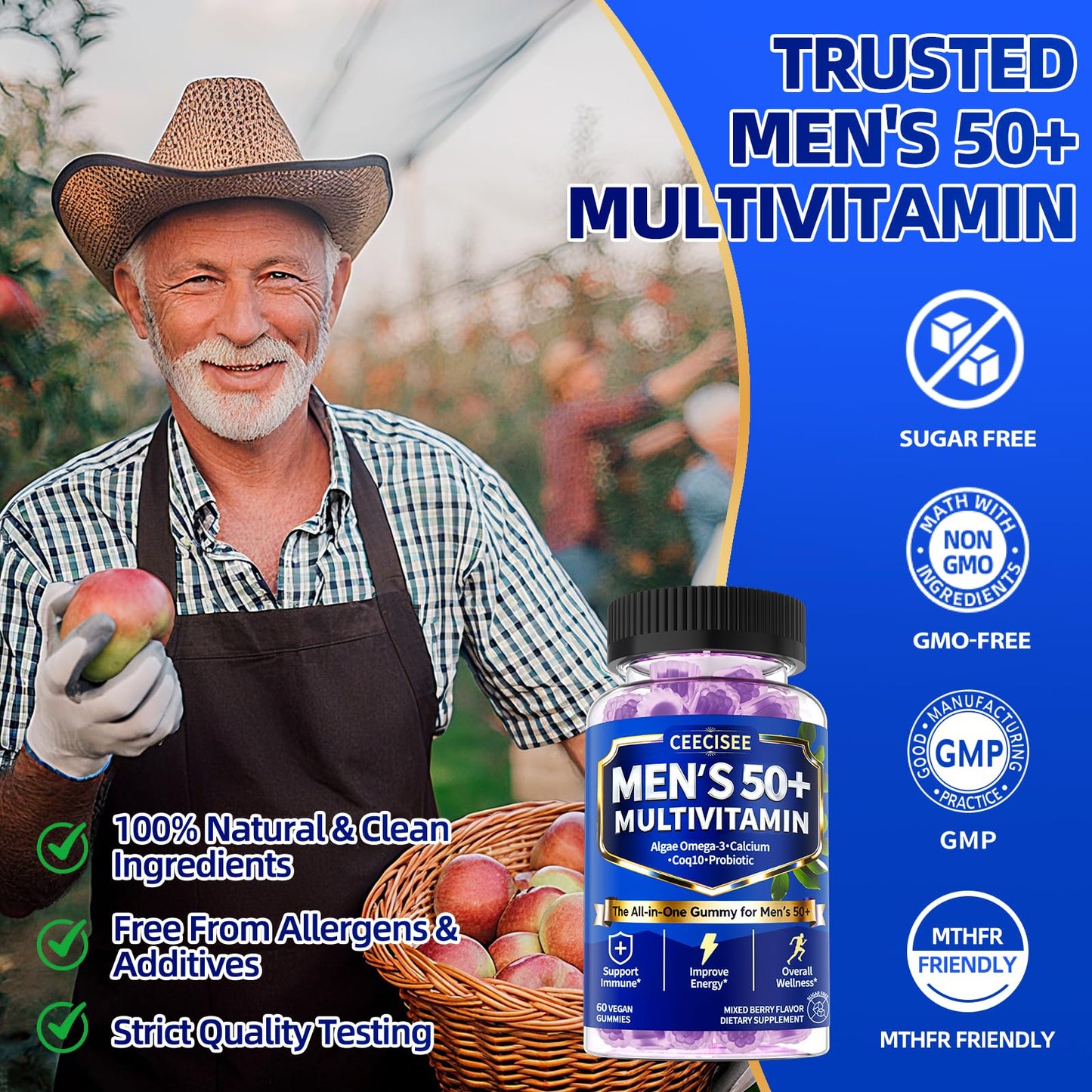 Ceecisee Methylated Multivitamin for Men Over 50: Daily Mens Multivitamins Gummies with Omega Probiotic Magnesium Zinc Vitamins D3 B12 - Energy Immune Support No Iron Vitamins Gummy for Men(60Count) - dailyvitalstore