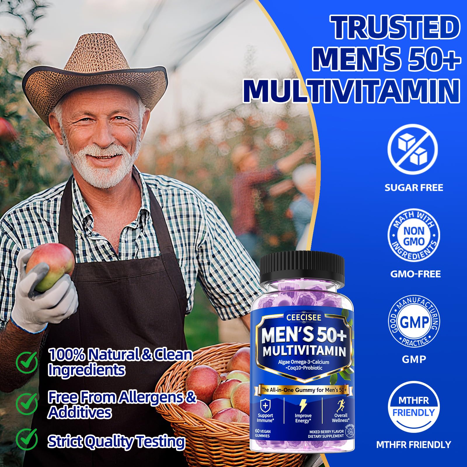 Ceecisee Methylated Multivitamin for Men Over 50: Daily Mens Multivitamins Gummies with Omega Probiotic Magnesium Zinc Vitamins D3 B12 - Energy Immune Support No Iron Vitamins Gummy for Men(60Count) - dailyvitalstore