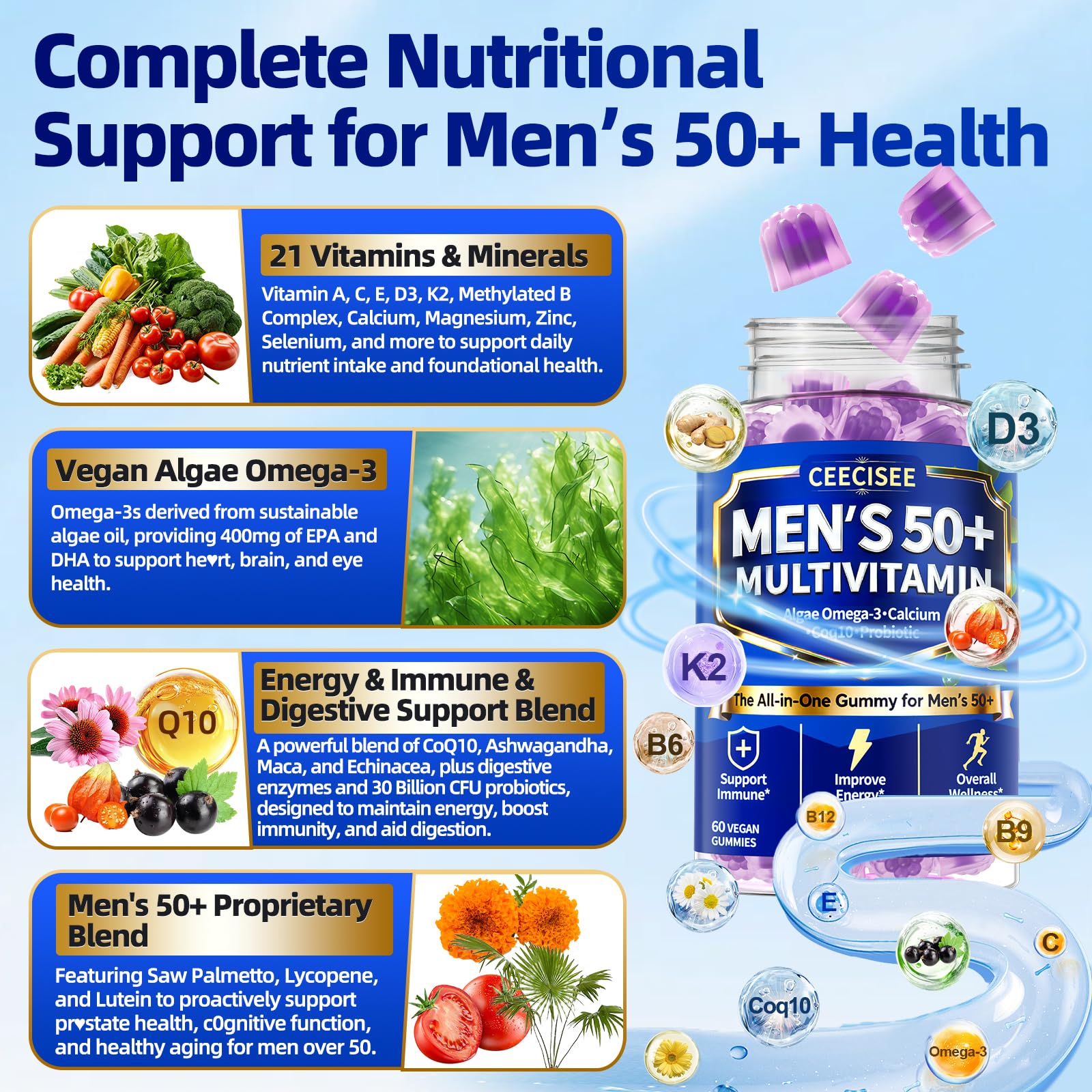 Ceecisee Methylated Multivitamin for Men Over 50: Daily Mens Multivitamins Gummies with Omega Probiotic Magnesium Zinc Vitamins D3 B12 - Energy Immune Support No Iron Vitamins Gummy for Men(60Count) - dailyvitalstore