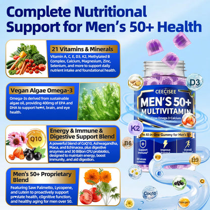 Ceecisee Methylated Multivitamin for Men Over 50: Daily Mens Multivitamins Gummies with Omega Probiotic Magnesium Zinc Vitamins D3 B12 - Energy Immune Support No Iron Vitamins Gummy for Men(60Count) - dailyvitalstore