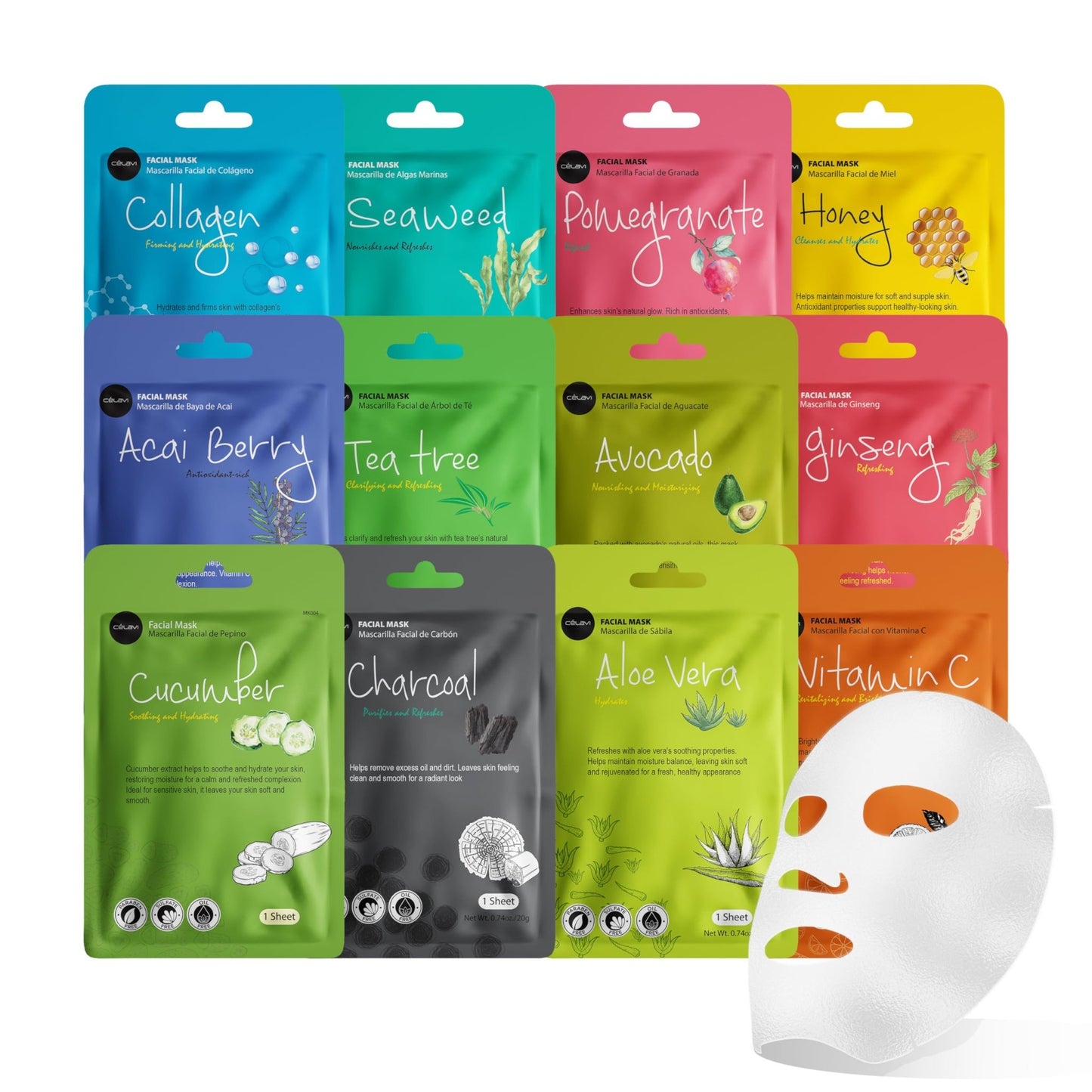 Celavi Essence Facial Sheet Face Mask Variety Set Classic Authentic Korean Moisturizing Skincare (12-Packs) - dailyvitalstore