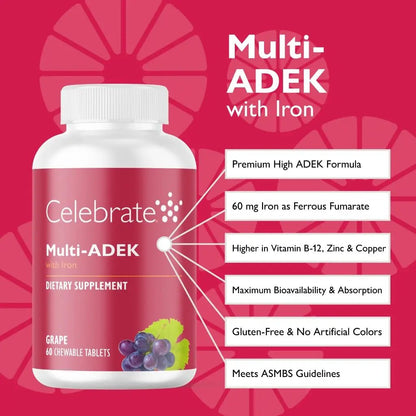 Celebrate Vitamins Multi ADEK Chewables, 60mg Iron - Daily Bariatric Multivitamin, Vitamins A, D, E, K & B12 for Duodenal Switch Surgery Patients - dailyvitalstore