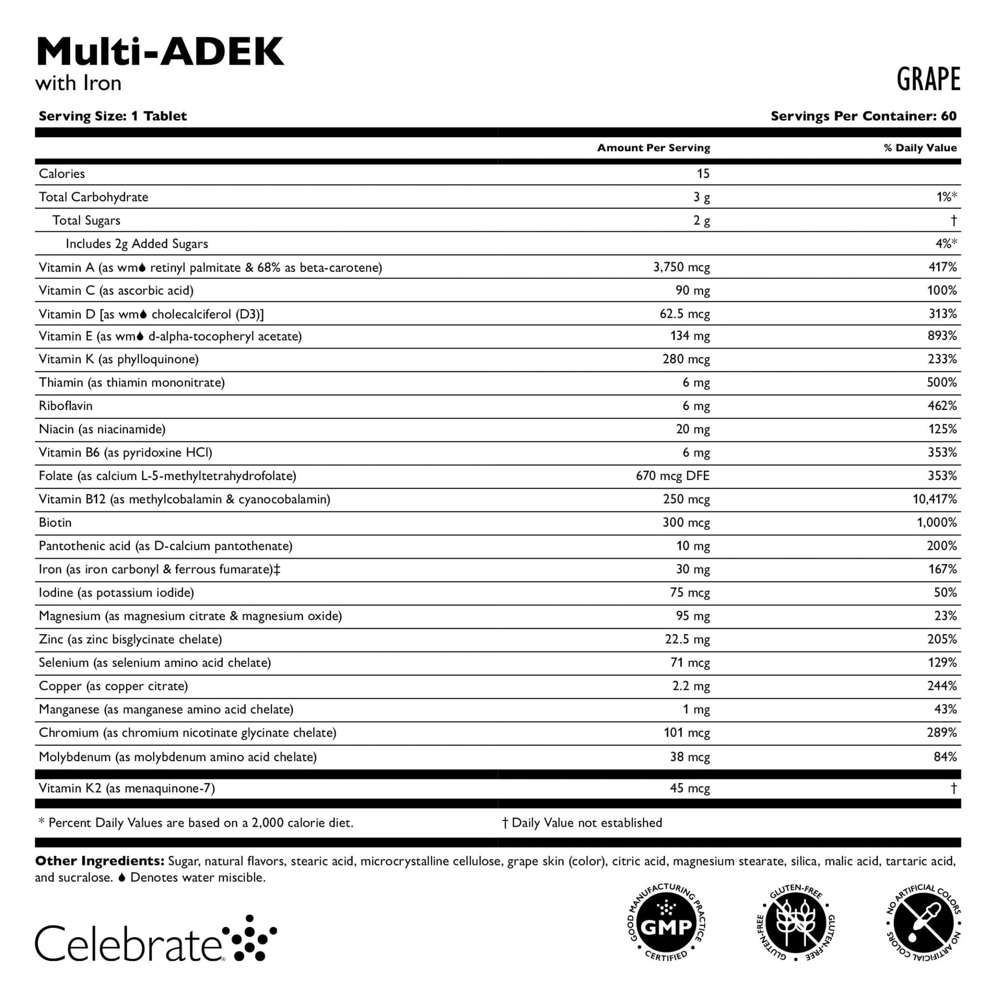 Celebrate Vitamins Multi ADEK Chewables, 60mg Iron - Daily Bariatric Multivitamin, Vitamins A, D, E, K & B12 for Duodenal Switch Surgery Patients - dailyvitalstore