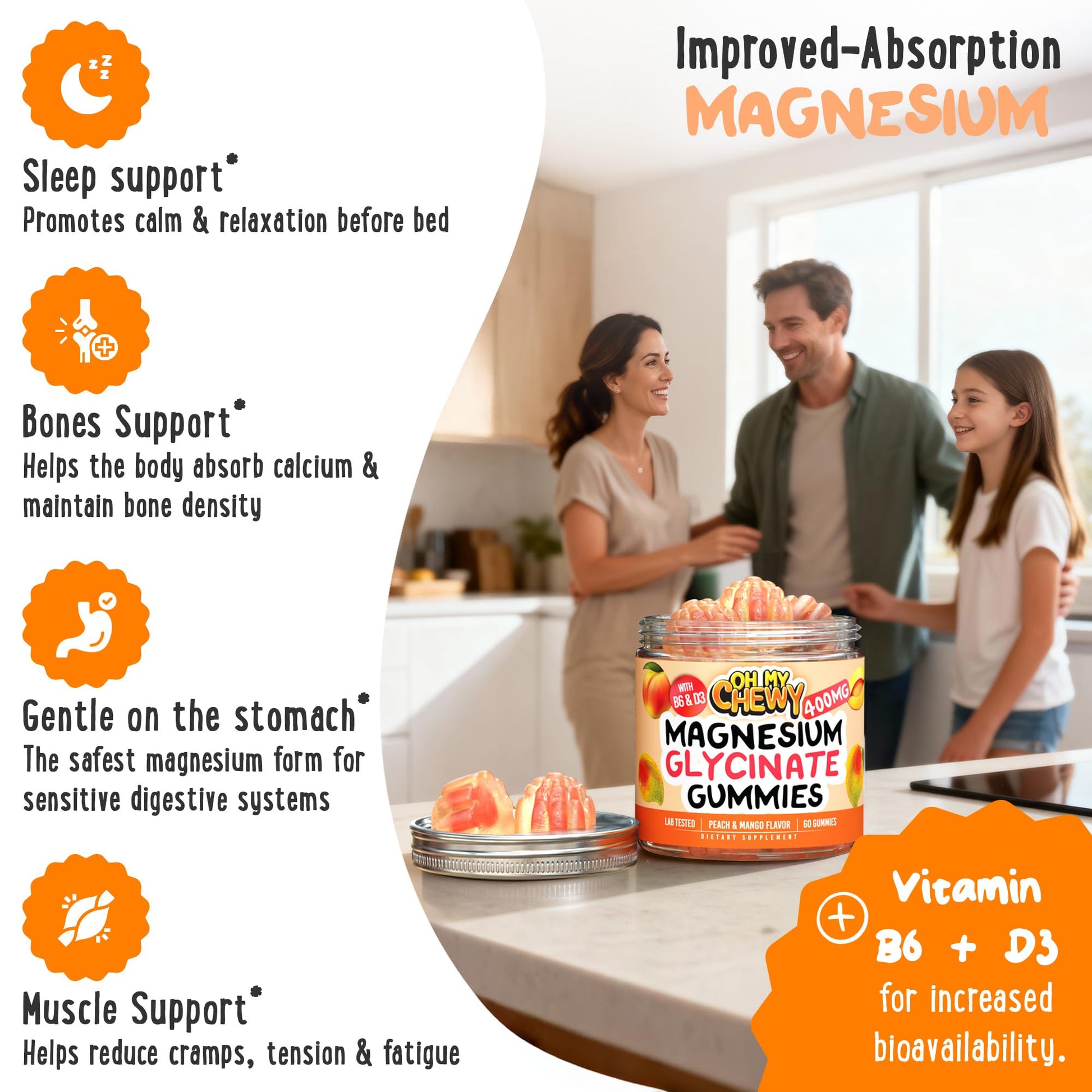 Center-Filled Magnesium Glycinate Gummies 400MG - High Absorption for Kids, Teens & Adults - Supplement for Sleep, Calm & Muscle Relaxation with B6 & D3 - Gluten Free & Vegan Friendly - 60 Count - dailyvitalstore