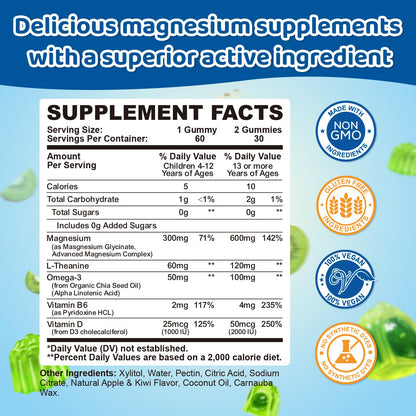 Center-Filled Magnesium Gummies for Kids 300MG - Magnesium Glycinate Gummies with L-theanine, Omega-3, Vitamin B6, D for Kids & Adults, Supplement for Sleep, Calm & Muscle Relaxation - Apple & Kiwi - dailyvitalstore
