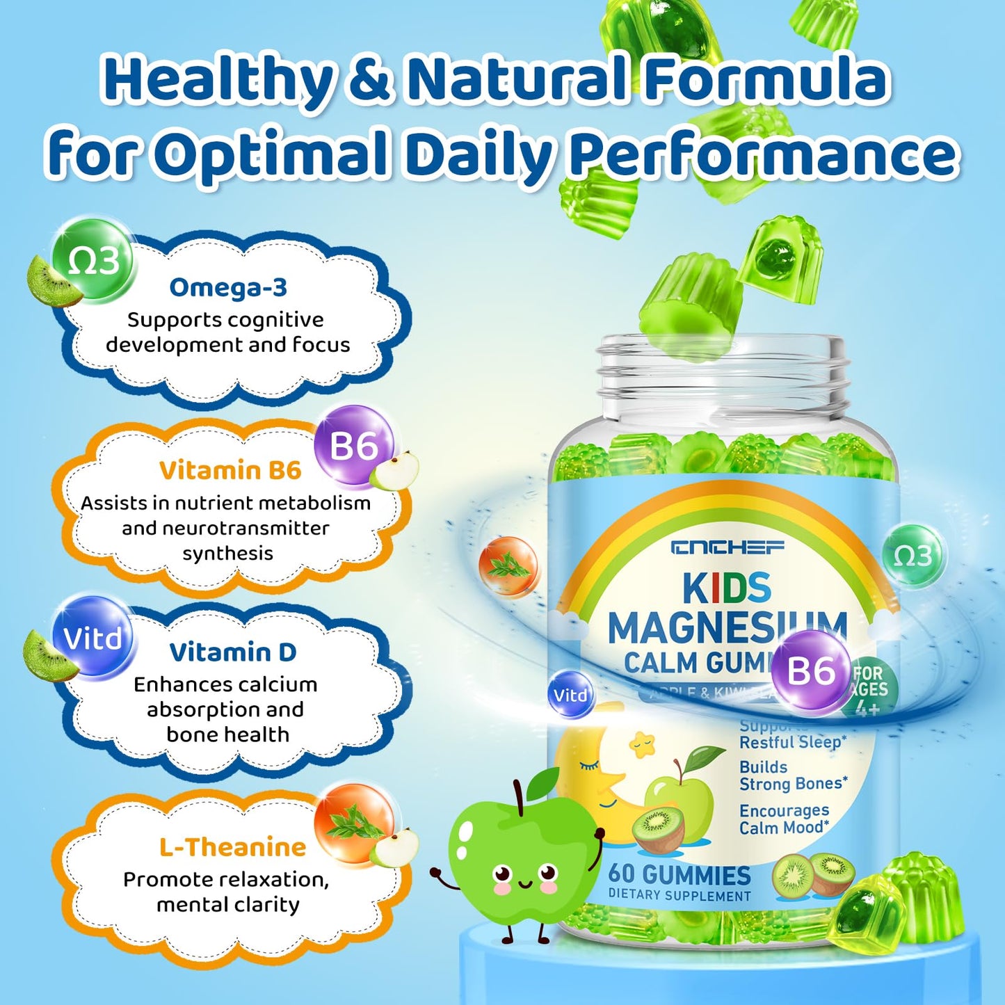 Center-Filled Magnesium Gummies for Kids 300MG - Magnesium Glycinate Gummies with L-theanine, Omega-3, Vitamin B6, D for Kids & Adults, Supplement for Sleep, Calm & Muscle Relaxation - Apple & Kiwi - dailyvitalstore