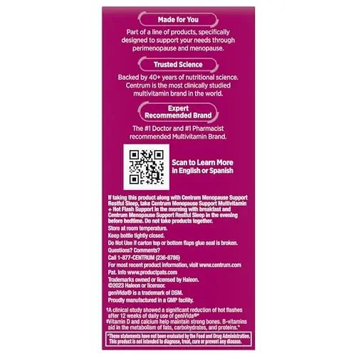 Centrum Complete Multivitamin Supplement + Hot Flash Support Menopause Support Tablets, with Clinically Studied geniVida, 30 Count - dailyvitalstore