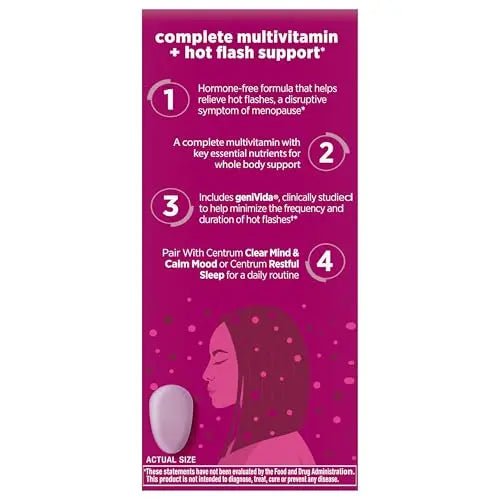 Centrum Complete Multivitamin Supplement + Hot Flash Support Menopause Support Tablets, with Clinically Studied geniVida, 30 Count - dailyvitalstore