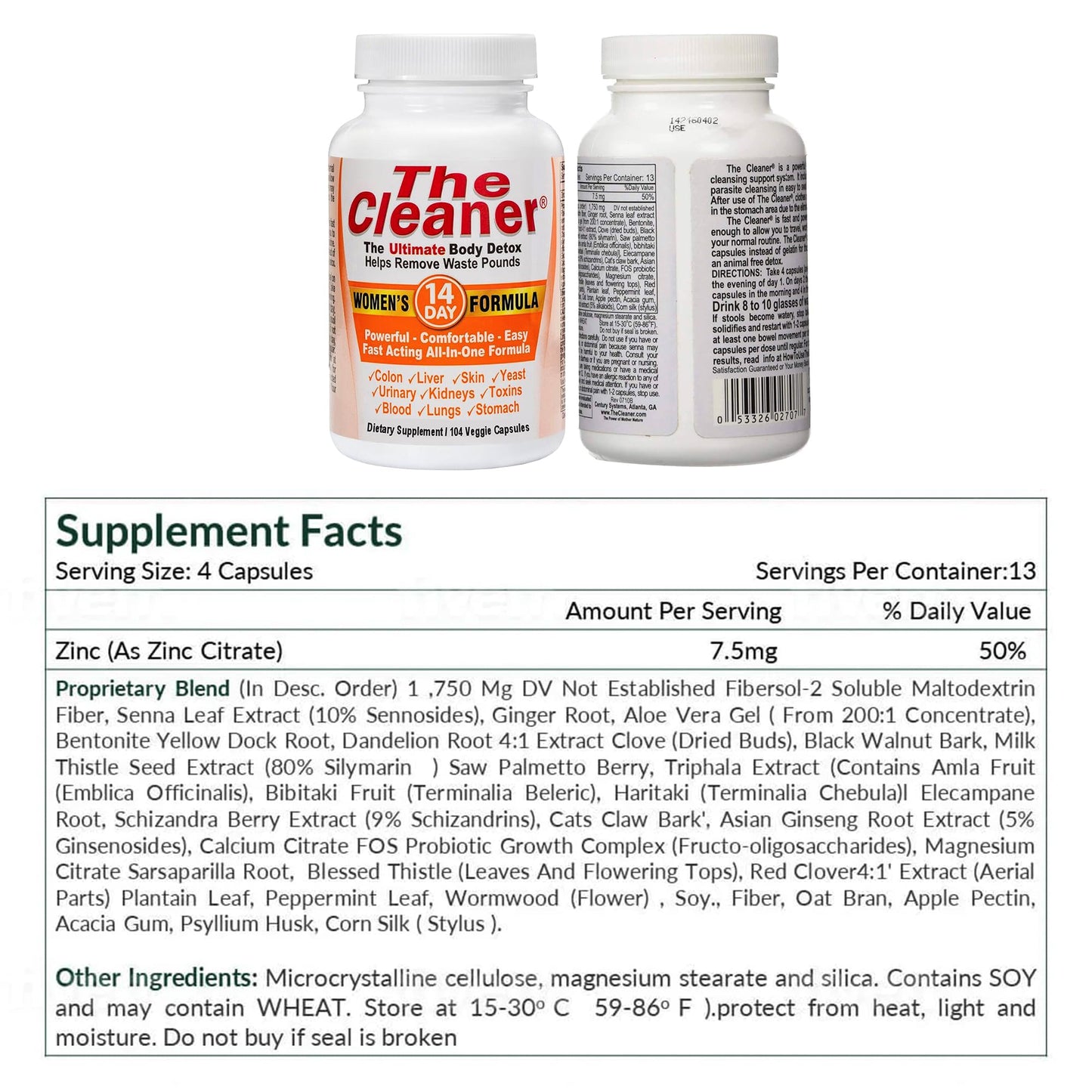 Century Systems The Cleaner Detox, Powerful 14-Day Complete Internal Cleansing Formula for Women, Support Digestive Health, 104 Vegetarian Capsules - dailyvitalstore