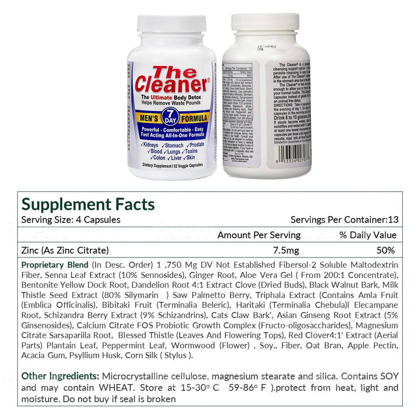 Century Systems The Cleaner Detox, Powerful 7-Day Complete Internal Cleansing Formula for Men, Support Digestive Health, 52 Vegetarian Capsules - dailyvitalstore