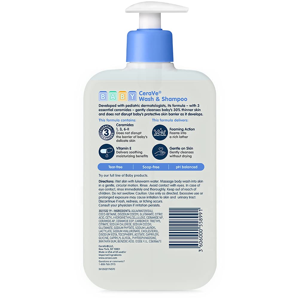 CeraVe Baby Wash & Shampoo, Tear-Free 2-in-1 Bath Wash for Hair & Skin, with Vitamin E, Fragrance-Free, Paraben-Free, Dye-Free, Phthalates-Free, Sulfate-Free, 16oz - dailyvitalstore